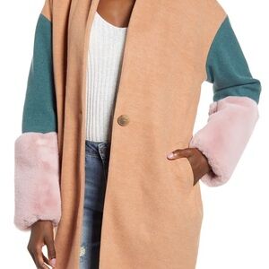 LIKE NEW Blank NYC Women's Colorblock Pea Coat in Tan, Teal, and Pink MEDIUM